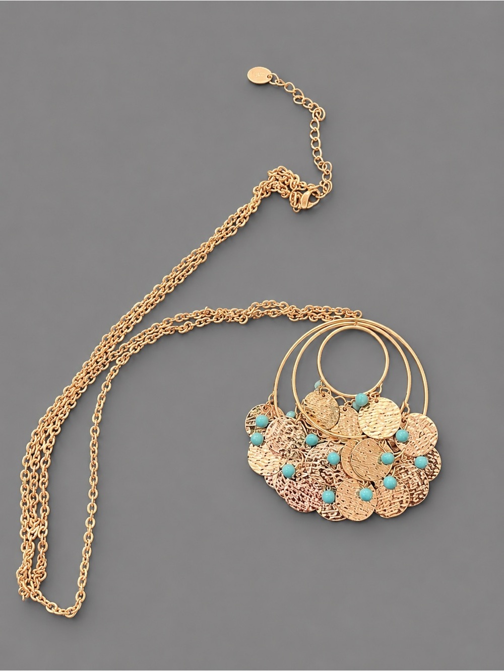 Claire’s Gold Tone Hammered Disc Y2K Statement Necklace Turquoise Bead Accent